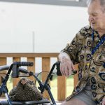 A Whiddon resident sitting contently beside a Hen as part of HenPower, a creative ageing program by Whiddon.