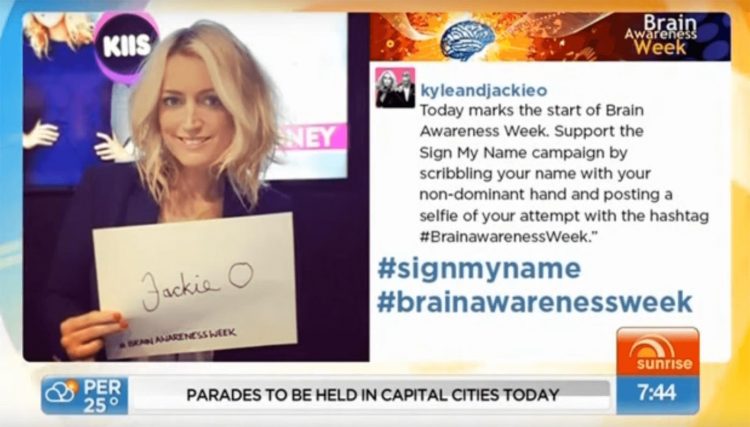 Jackie O pledging to support the Sign My Name Campaign on Sunrise.
