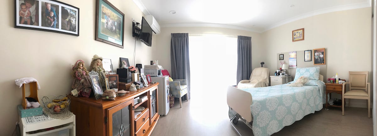A wide angle view of a single room option at Whiddon Largs, a nursing home near Maitland.