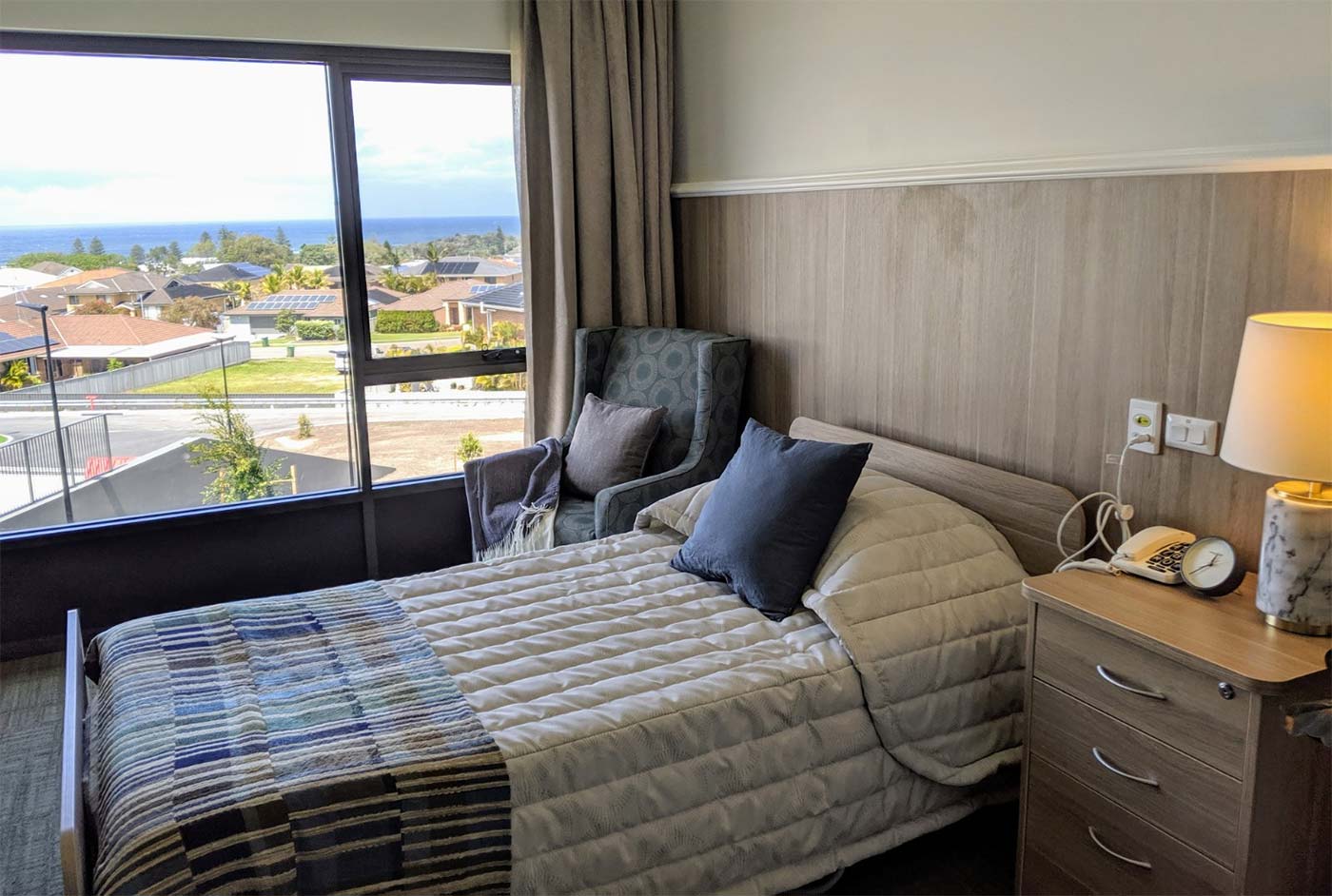 Aged Care resident bedroom with sea views