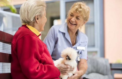 A Whiddon carer and a resident cradling a hen as part of Whiddon's creative ageing program, HenPower.