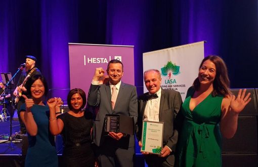 Whiddon staff holding awards won at the 2018 Leading Aged Care Services Awards.