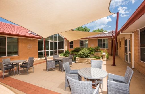 Outdoor seating area filled with space for residents to socialise at Whiddon's aged care home in Mudgee.