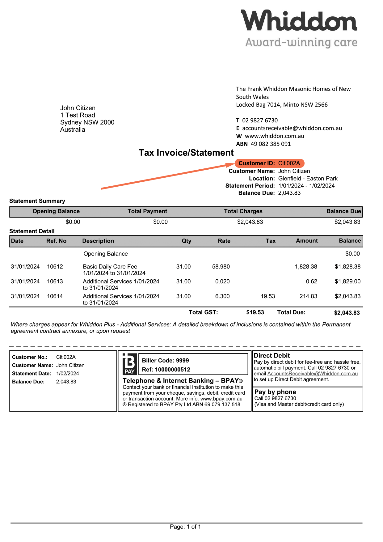 Example invoice showing where Customer ID is located