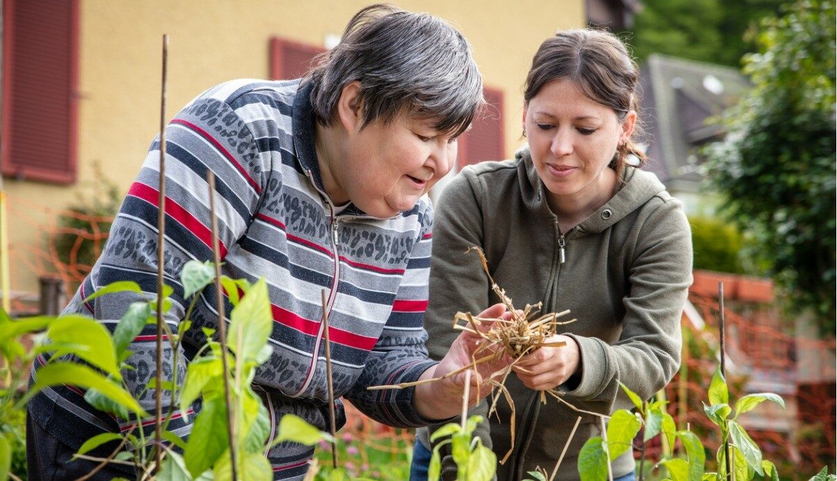support worker helping woman with disability with gardening